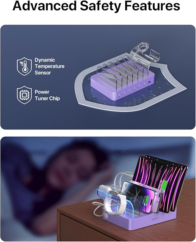 SooPii Premium 6-Port USB Charging Station Organizer for Multiple Devices, 6 Short Charging Cables and One Upgraded i-Watch Charger Holder Included, for Phones,Tablets and Other Electronics, Purple
