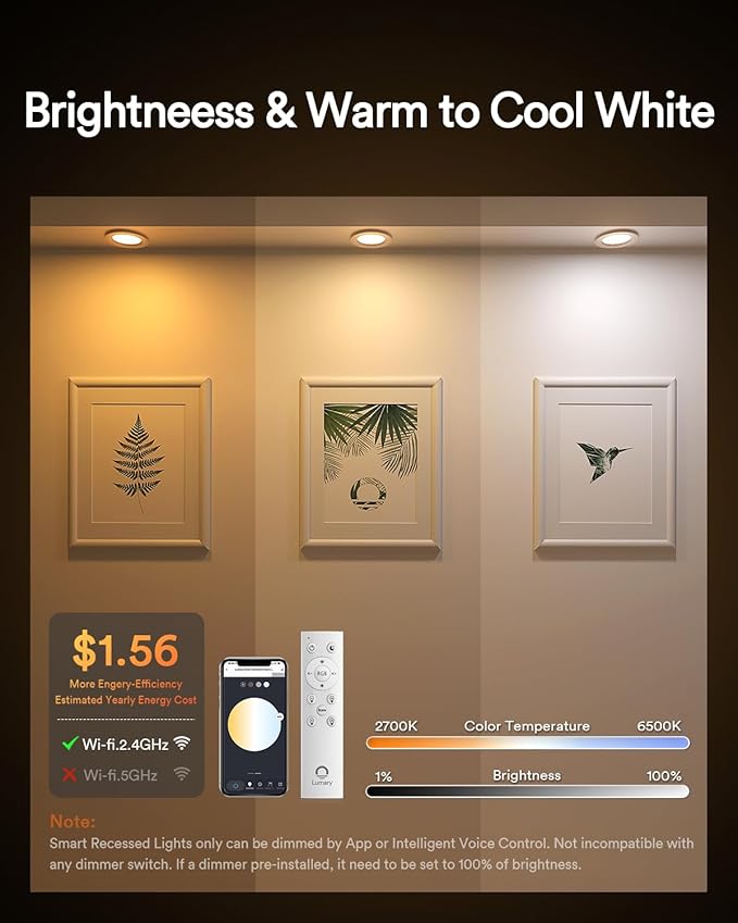 Lumary 6 Inch Smart WiFi Recessed Lighting, RGBWW Canless LED Wafer Downlight, 13W 1000Lm Color Changing, Ultra-Thin w/Anti-Glare Baffle, Compatible with Alexa/Google/Remote-Included, 1PC