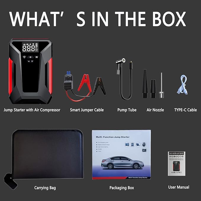 Jump Starter with Air Compressor, 4000A Car Battery Jumper Starter Portable (8L GAS/6L Diesel),12V Jump Box for Car Batter with 150 PSI Tire Inflator, Emergency LED Flashlight, 65W Fast Charger