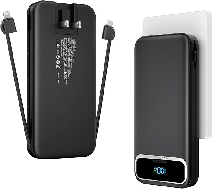 12000mAh Lightweight-Portable-Charger-Power-Bank with Built-in Cables and AC Wall Plug, PD20W USB-C Fast Charging Battery Pack, LED Display External Travel Phone Charger for All iPhone,Samsung,Android