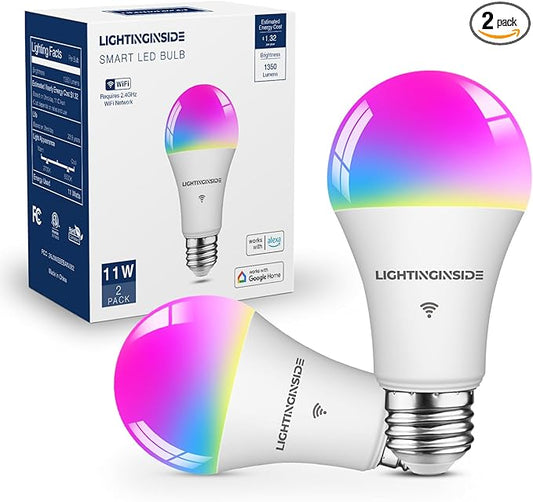 Smart Light Bulbs 100W Equiv., 1350LM 11W Smart Bulb Works with Alexa/Google Home/Smart Life, A19 E26 RGBCW Color Changing, No Hub Required, 2.4G WiFi Bluetooth Bulb, ETL Listed, 2PCS