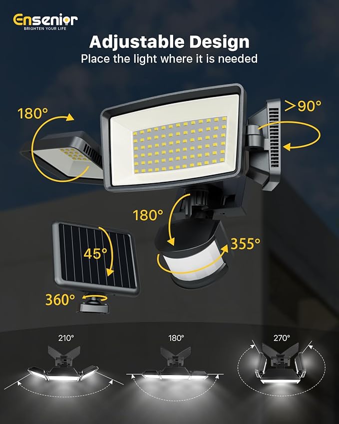 Ensenior 5 Motion Sensor Modes Solar Security Light, 1800LM 270ยฐ Wide Angle 3 Heads LED Flood Lights, IP65 Waterproof Wall Lights, Separate Solar Panel Remote Control Solar Lights Outdoor
