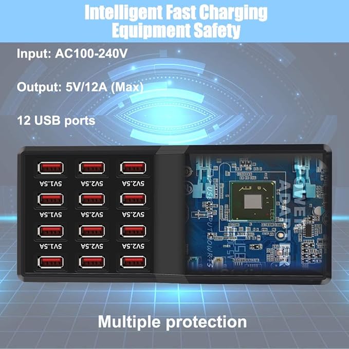 MaxLax USB Charger Station,12-Port 60W Multiple USB Charging Station,Multi Ports Charger Charging for Smartphones,Tablets,and Other Devices.