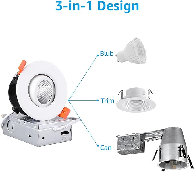 TORCHSTAR 12-Pack 5CCT 3 Inch Gimbal LED Recessed Light, 7W CRI90+ Dimmable Adjustable Eyeball Canless LED Downlight, 2700K/3000K/3500K/4000K/5000K Selectable, Airtight IC, ETL