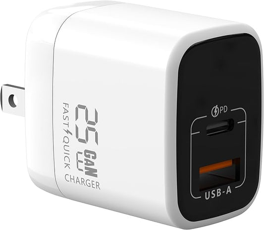 Fast 25W Dual USB-C Plus USB-A Charger - GaN Power Delivery - Fast Compact Power Adapter for Laptops, Smart Phones, Tablets and Thousands of Other Devices (White, 25W)