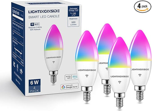 E12 Smart Light Bulbs 60W Equiv., Work with Alexa/Google Home/Smart Life, 500LM 6W RGBCW Candle Candelabra LED Light Bulbs, No Hub Required, 2.4G WiFi Bluetooth Bulb, ETL Listed, 4PCS