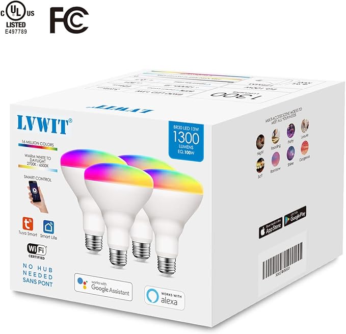 LVWIT Smart Light Bulbs Alexa, BR30 100W Equivalent, E26 Smart LED, Work with Google Assistant, Smart Life App, Tuya App, Dimmable 1300 Lumens RGB Color Changing Bulb (13W), No Hub Required, 4-Pack