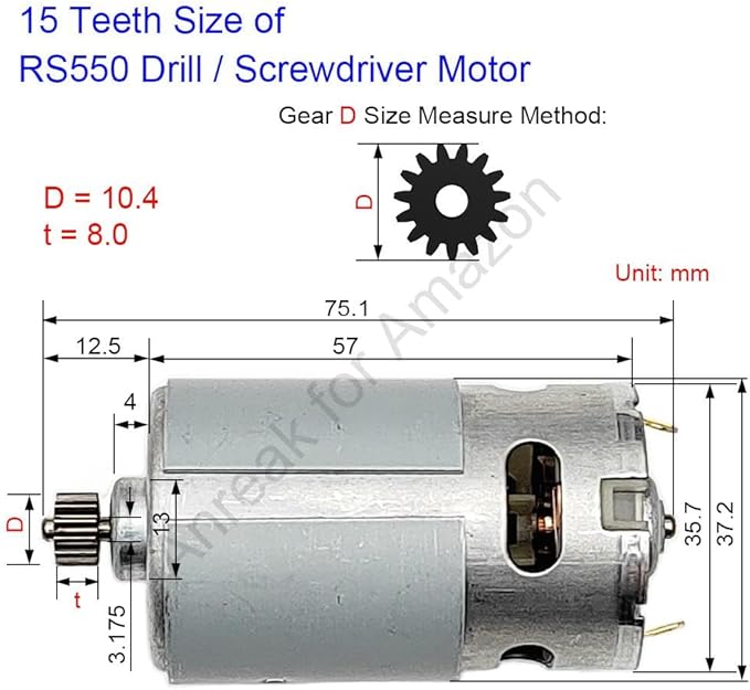 RS550 9.6V 15 Teeth (Φ10.4mm) Motor for DIY Projects, 9.6-25V 9-15 Teeth 25000 RPM Replacement for Drill and Electric Screwdriver