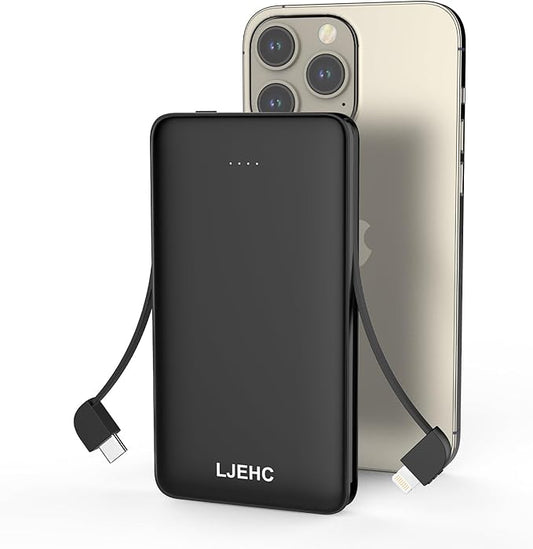 10000mAh Slim Power Bank with Built in Cable,Thin Lightweight Portable Phone Charger,4 Output USB C Travel Essentials External Battery Pack Clutch Charger for iPhone,Samsung,Android,Heated Vest,Black