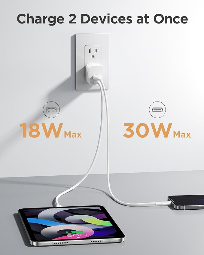 PISEN 30W USB C Charger - PD QC 3.0 Dual Port Charging Block, 30 Watt USB C Charger with 4 FT Type C to L Cable, 30W Fast Charger with Foldable Plug for iPhone 14 13 12 11 Pro Max XR XS X, iPad