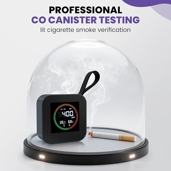 Portable Carbon Monoxide Detector for Travel & Home | UL-Compliant CO Detector Temperature/Humidity Sensor, Rechargeable Battery Powered CO Detector for Camping, RV, Hotel (1, Gray)