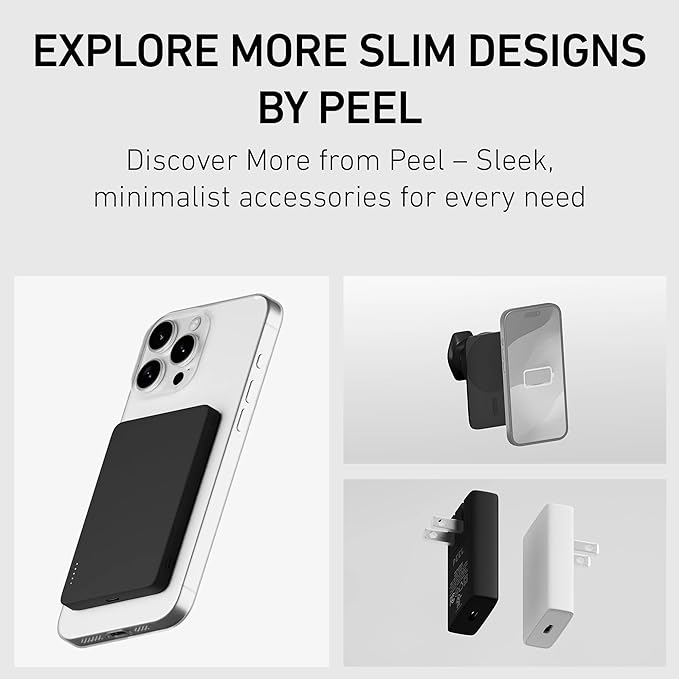 PEEL Magnetic Wireless Portable Charger – Ultra Slim 5,000mAh Power Bank, Compatible with MagSafe Devices, 15W Wireless & 20W USB-C Fast Charging, Lightweight for iPhone 16/15/14/13/12 (Black)