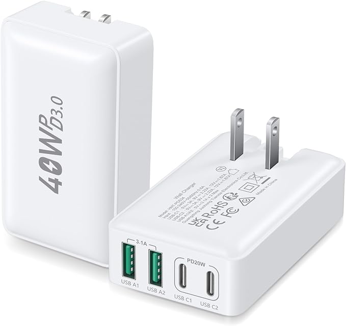 USB C Charger Block, Excgood 40W 4-Port Flat USB Wall Charger Adapter Multiport Dual PD+QC Foldable Slim Fast Charging Plug Compatible for iPhone 16 15 Pro Max 14 13 iPad Watch Galaxy S23,2Pack White