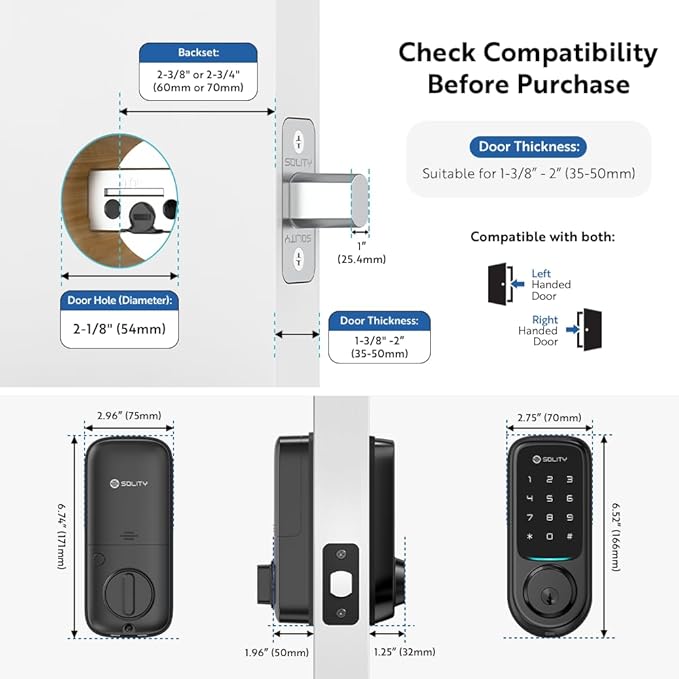 Solity No-Hub Smart Digital Door Lock, Designed in Korea, Keyless Entry, Wi-Fi, Remote Control, Touchscreen Keypad, Auto Lock, IP54 Waterproof, Matt Black GT10K