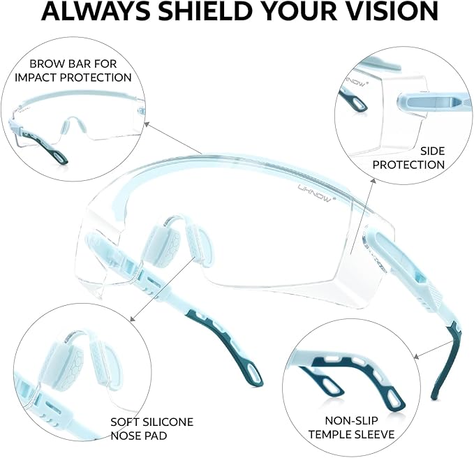 UKNOW Safety Glasses Over Eyeglasses, Anti Fog Safety Goggles ANSI Z87.1, Adjustable Protective Eyewear