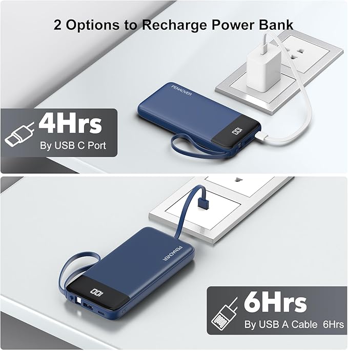Portable Charger 10000mAh Power Bank with Built-in Cable, 5 Output 2 Input Travel Essential External Battery Pack with LED Display Compatible with iPhone 16/15 Samsung S22 Android,etc