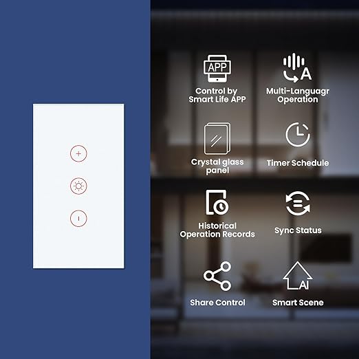 Smart Dimmer Switch Need Neutral Wire No Hub Required,2.4GHz Wi-Fi Light Switch APP Control Work with Tuya and Smart Life,FCC Certified,Smart Home 110/220VAC,White Dimmer