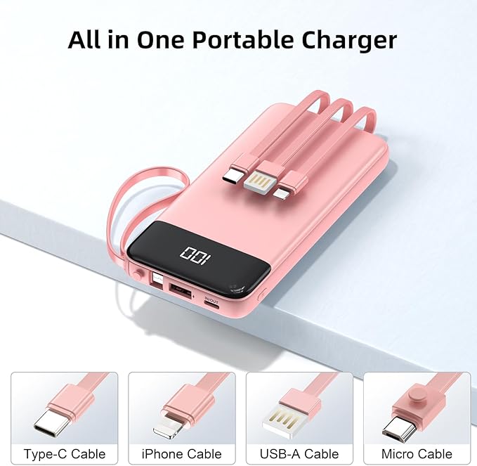 Portable Charger 10000mAh Power Bank with Built-in Cable, 5 Output 2 Input Travel Essential External Battery Pack with LED Display Compatible with iPhone 16/15 Samsung S22 Android,etc