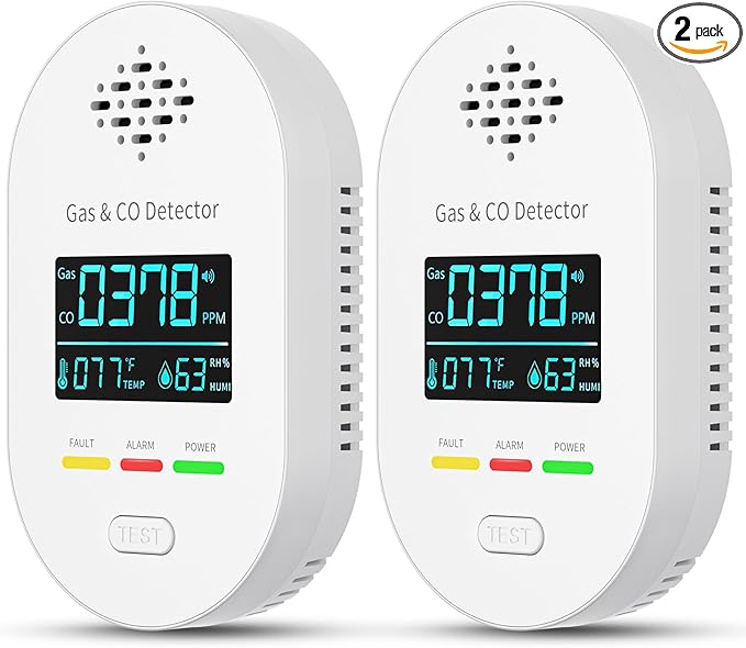2-Pack Carbon Monoxide Detectors,Plug in CO and Natural Gas Detector, Combination Gas & Carbon Monoxide Detectors for Travel,4 in 1 CO & Gas Detector for Home/Travel - White