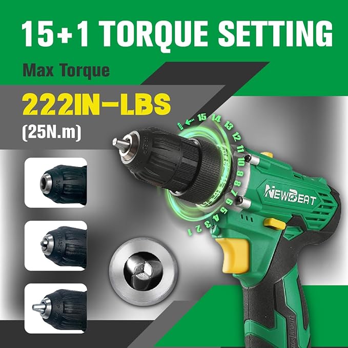 NEWBEAT Cordless Drill Set, 12V Power Drill Driver with 1 Battery and Charger, 3/8" Keyless Chuck, 2 Variable Speed, 15+1 Torque Setting, Drill Driver Kit for Home and DIY Project