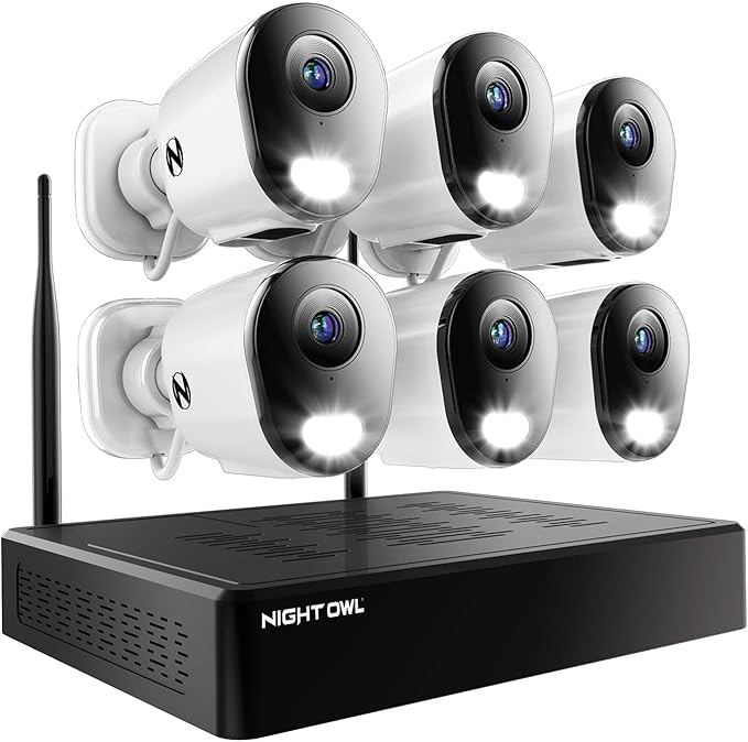 Night Owl 10 Channel Bluetooth Video Home Security Camera System with (6) Plug-in Wi-Fi 2K HD Indoor/Outdoor Spotlight Cameras with 2-Way Audio and 1TB Hard Drive (Expandable up to 10 Cameras)