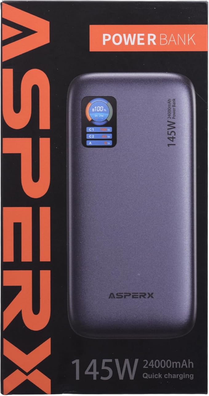 AsperX Laptop Power Bank,24,000mAh 145W PD 3.1 Fast Charging Portable Charger, TFT Smart Display USB C Battery Pack(86.4Wh) for MacBook/iPhone 17/Dell XPS/Galaxy S25/Steam Deck/ipad (Flight-Approved)