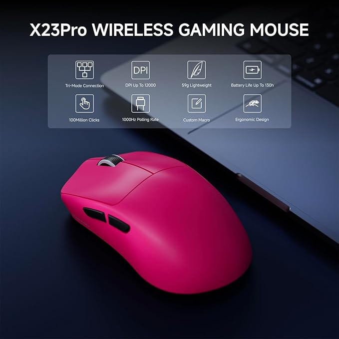 EWEADN X23Pro Wireless Gaming Mouse, 2.4G/BT5.0/USB-C Esports Gaming Mouse, 49g Lightweight Mouse Gaming, 12000 DPI Wireless Mouse with 6 Programmable Buttons,For Laptop/PC/Mac, Raspberry Pink