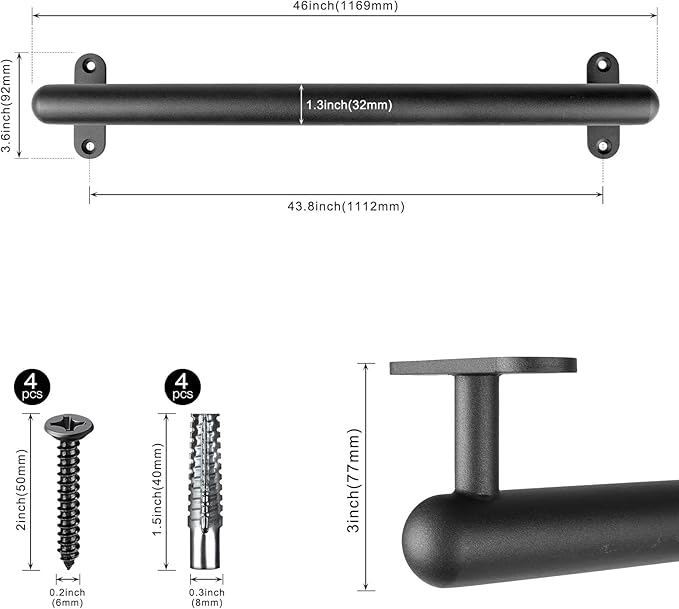 Dolibest 46 Inch Wall Mount Metal Handrail, Staircase Step Handrail, Non-Slip Safety Grab Handle, Barrier-Free Staircase Grab Bar for Elderly, Indoor & Outdoor Use, 1.3 Inch Round (Black)