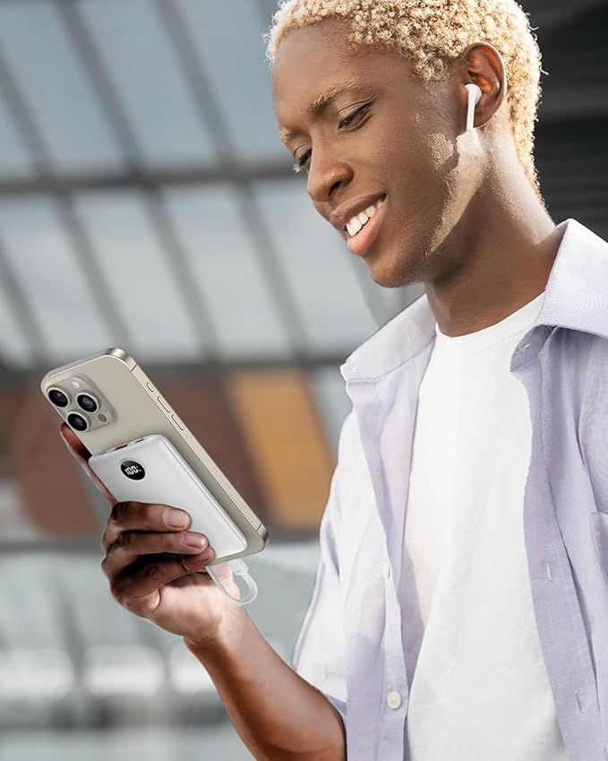 Mini Portable Charger with Built-in Cables 22.5W Fast Charging Power Bank USB-C Small Battery Pack 10000mAh Travel Essential Slim Battery for iPhone 16/15/14, Samsung 25/24, and More