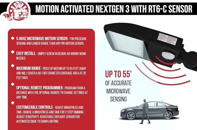 RuggedGrade 300 Watt - NextGen IV Series LED Shoebox Light with Motion Sensor - 45,000 Lumen - Color Selectable 30K/40K/50K - Arm Mount - Black