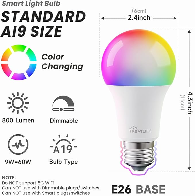 Treatlife Smart Light Bulb, Dimmable Multicolor and White LED Bulb, Compatible with Alexa, Google Assistant, A19 E26 8W (60W Equivalent), No Hub Required, 2 Pack
