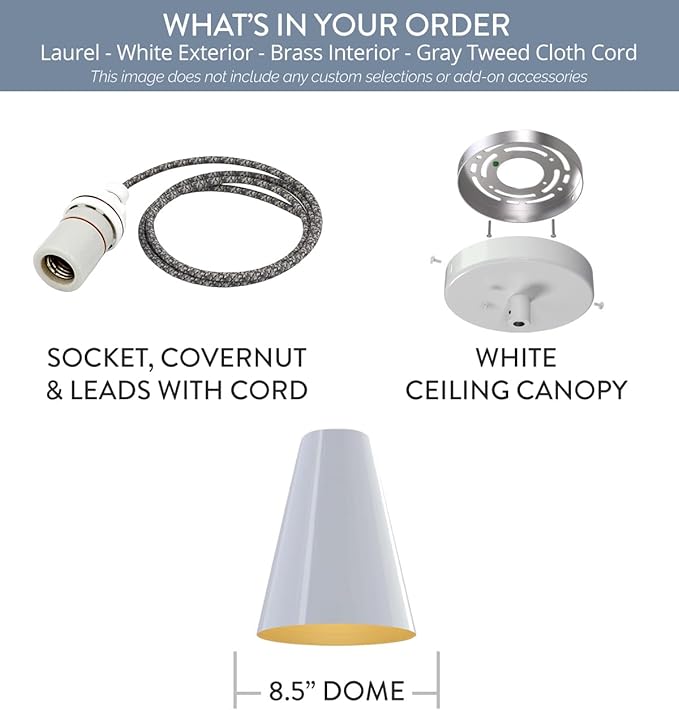 Steel Lighting Co. Laurel Pendant Light | Ceiling Mounted | 8.5 inch Cone Shade | Modern Contemporary Farmhouse Style Made in America | Gray Tweed Cloth Cord | White Exterior/Brass Interior