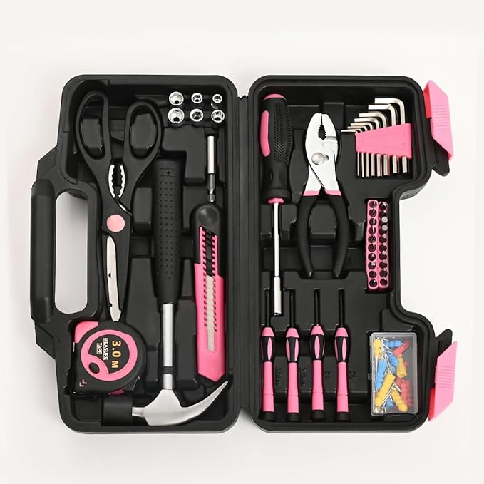 132 Piece Pink Household Tool Set General Household Hand Tool Kit with Plastic Toolbox Storage Case, All Purpose Small Tool Set Great for Home, Garage, Office and College Dormitory Use