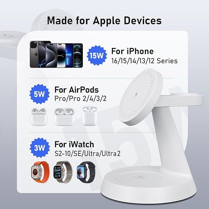 3 in 1 Wireless Charging Station for Apple, Charger Stand for Multiple Apple Devices, Wireless Charging Station for iPhone 16/15/14/13/12 Series, Wireless Charger for AirPods, iWatch Series (White)