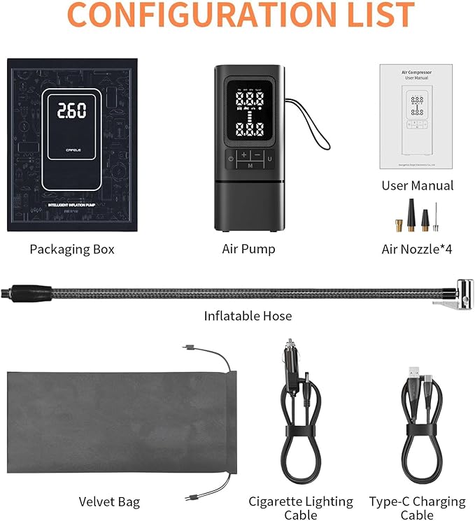 Tire Inflator, Portable Air Compressor for Car with Touch Screen, 150PSI Cordless, Fast Inflation (0-2.5BAR in 10min), Power Bank & LED Light, Auto Shut Off for Bike, Motorcycle, Ball-Black