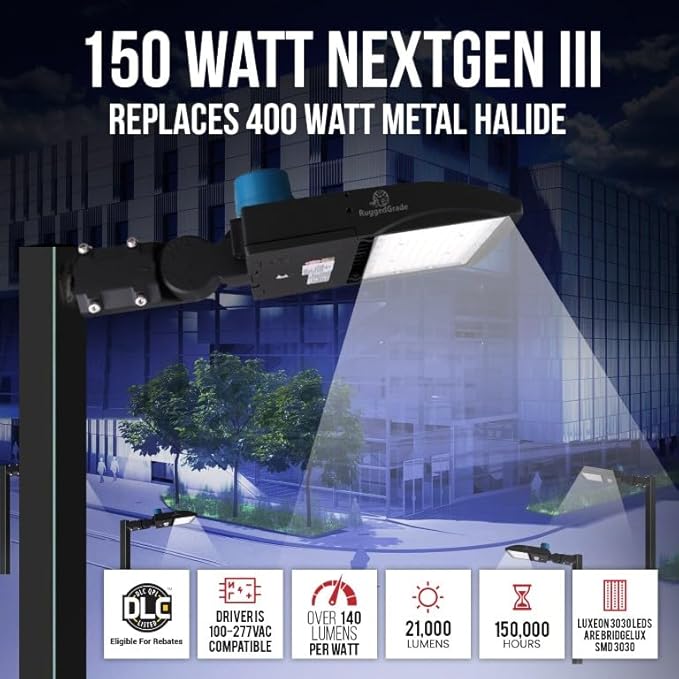 150 Watt LED NextGen III Parking Lot Lights - 21,000 Lumen - 3000K Warm White - Slip Fit Mount - with Photocell