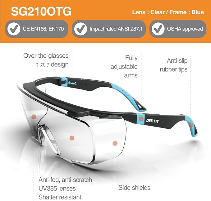 DEX FIT Safety Work Over Glasses SG210 OTG; Z87 Eye Protection for Men & Women, Fog & Scratch Resistant, Adjustable, UV Block (Black & Blue Frame, Clear Lens)