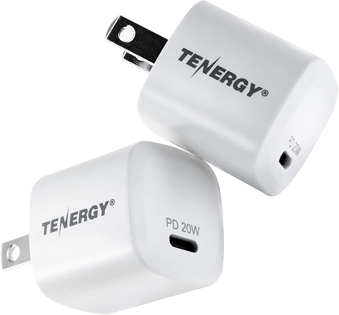 Tenergy USB-C Charger with PD 20W, 2 Pack Fast Charging iPhone 12/12 Mini / 12 Pro / 12 Pro Max / 11, Galaxy, Pixel 4/3, iPad Pro (Cable not Included)