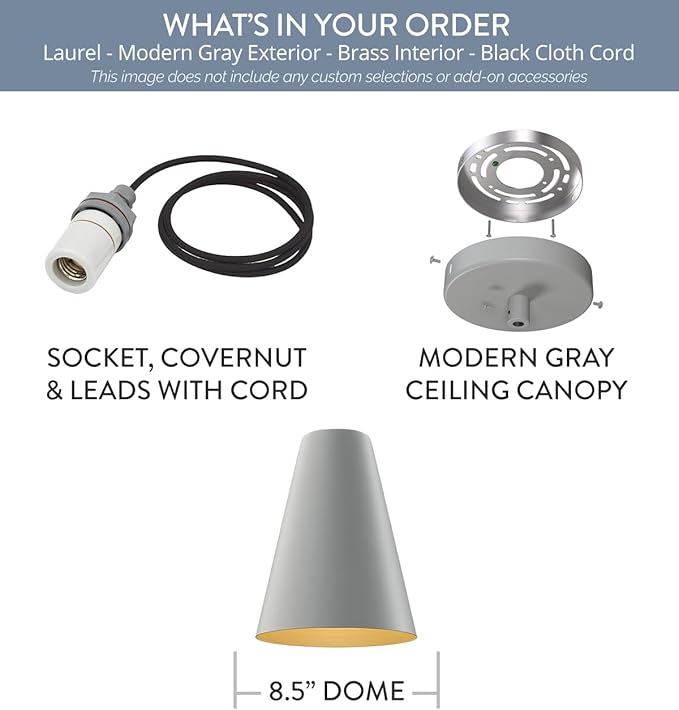 Steel Lighting Co. Laurel Pendant Light | Ceiling Mounted | 8.5 inch Cone Shade | Modern Contemporary Farmhouse Style Made in America | Black Cloth Cord | Modern Gray Exterior/Brass Interior