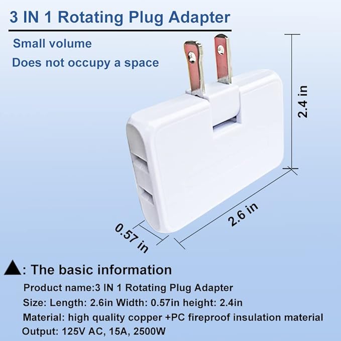 3 Way Flat Wall Outlet Extender,2 Prong180 Degree Portable Swivel Wall Tap Plug,Ultra Thin Folding Electrical Outlet Splitter (Easy Install),Type A,White,Pack of 2