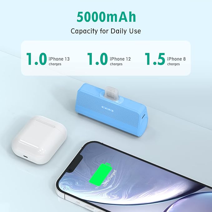 KKD Portable Charger for iPhone, Built-in MFi Certified Plug, 5000mAh Small Portable Phone Charger Power Bank for iPhone 14/13/12/11/XR/X/SE/8/7/6/6s/Pro Max/Plus,iPad,Blue