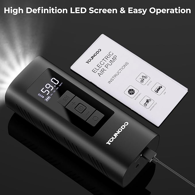 YOUNGDO Tire Inflator Portable Air Compressor, 150 PSI & 6000mAh, Tire Inflator with Pressure Gauge, Quick Inflation for Car,Motorcycle,Bike,Balls, Rechargeable Via USB-C as Torch and Power Bank