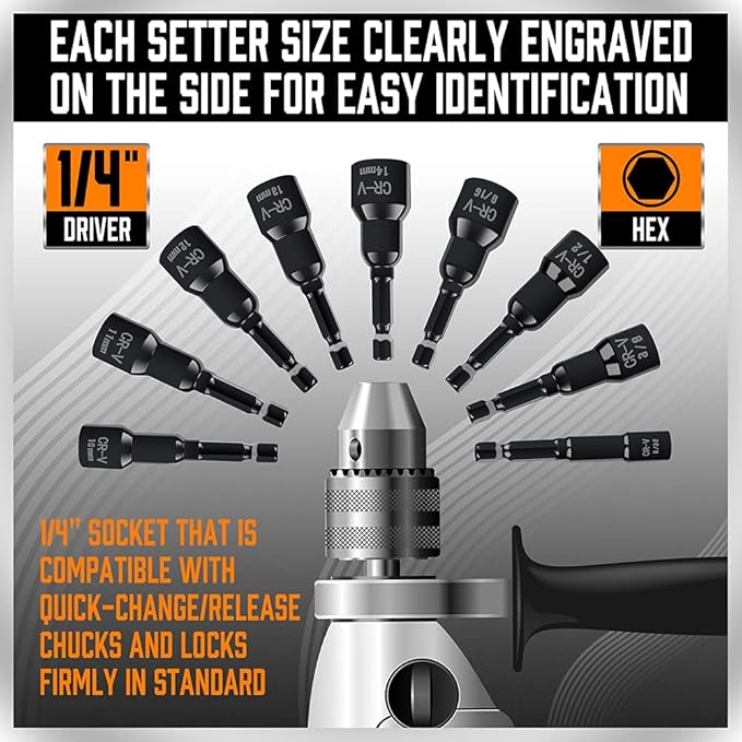 HORUSDY 15-Piece Magnetic Nut Driver Set with Storage Case, Wide Size Range SAE & Metric Impact Hex Drill Bit Kit with 1/4" Quick-Change, for Mechanics, DIY, Home & Automotive Projects