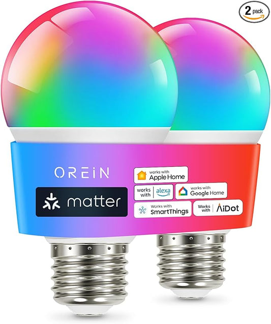 OREiN Matter Smart Light Bulb, Smart Light Bulbs Work with Apple Home, Alexa, Google Home, SmartThings, A19 Color Changing Light Bulbs 2.4Ghz WiFi, 800 Lumens Equivalent 60W 2Pack