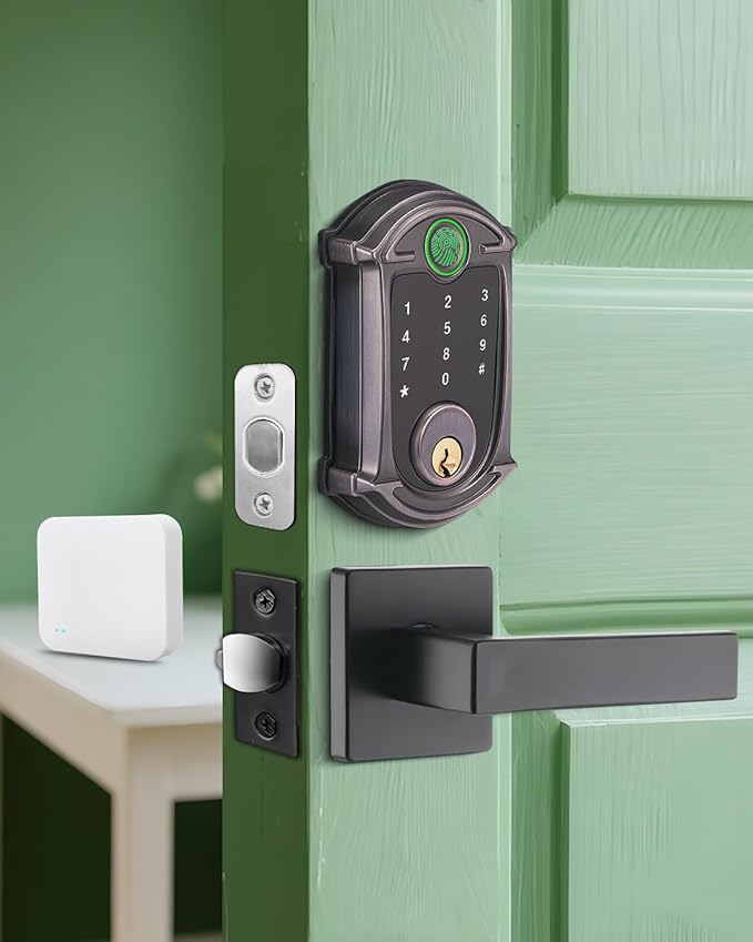 Keyless-Entry Deadbolt Smart Lock with Handle Set Waterproof IP56 Digital Exterior Locks for Front Door, WiFi Smartphone Control Fingerprint Door Lock with Keypad and Key Fob,Venetian Bronze