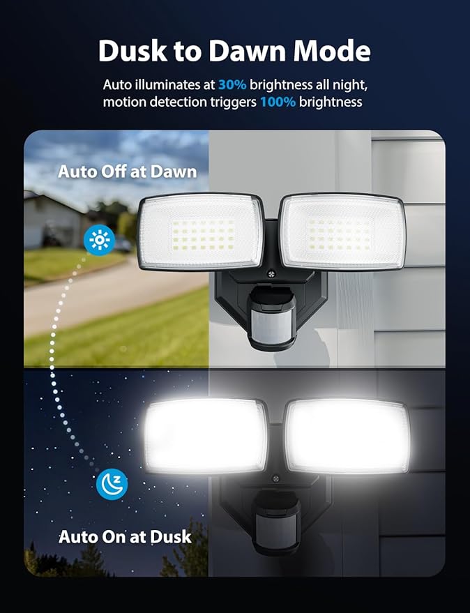 Onforu 32W 2 Head Motion Sensor Outdoor Lights, 3200LM 6500K LED Security Light, Dusk to Dawn, Motion Detector Light for Outside, IP65 Waterproof Flood Lights for Garage, Yard(Black)
