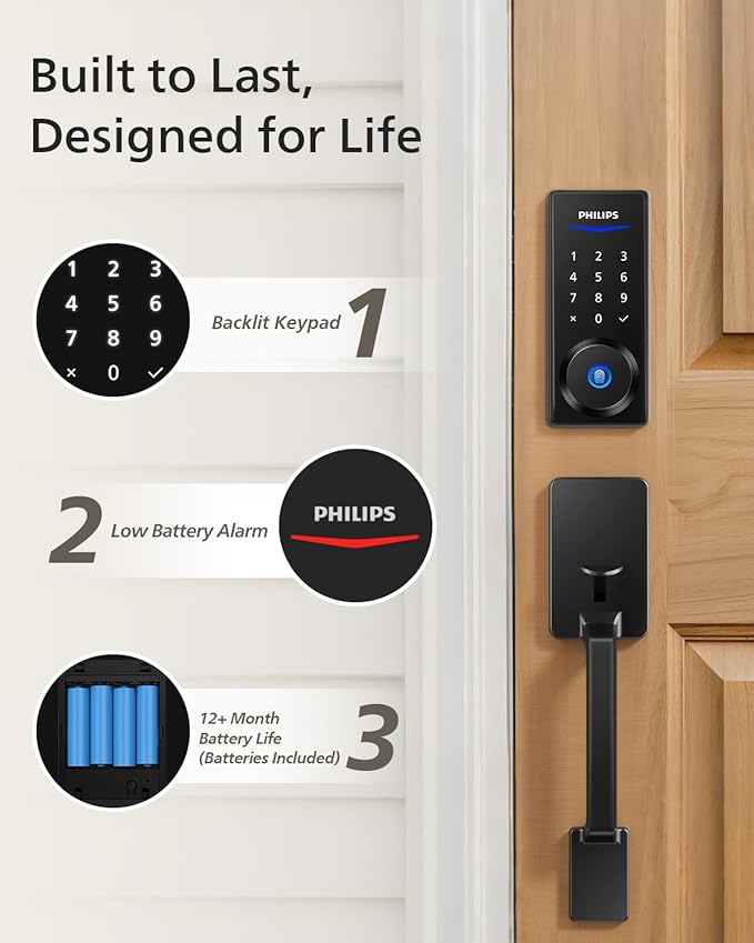 Philips Wi-Fi Smart Lock with Handle, Keyless Entry Keypad Door Lock with Handle, Front Door Deadbolt Set with WiFi Gateway, App Control, Fingerprint Unlock, PIN Code Unlock, Auto Locking