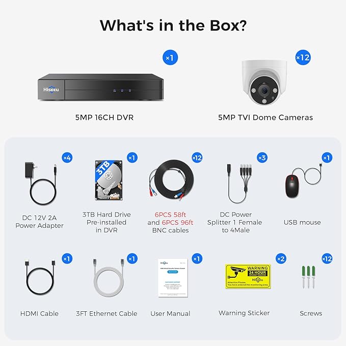 Hiseeu 16 Channel 3K Wired Security Camera System with Smart Dual Light,Audio,Person/Vehicle Detection,121°Wide View,5MP 16CH DVR,12PCS 5MP IP67 Outdoor CCTV Cameras,3TB HDD for 24/7 Surveillance