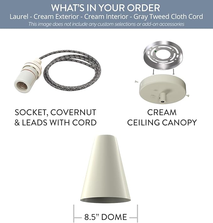 Steel Lighting Co. Laurel Pendant Light | Ceiling Mounted | 8.5 inch Cone Shade | Modern Contemporary Farmhouse Style Made in America | Gray Tweed Cloth Cord | Cream Exterior/Cream Interior