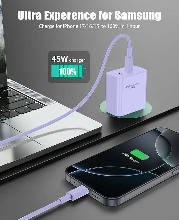 2 Pack 45W Super Fast Charger Type C for Samsung, USB C Android Phone Charger Fast Charging Block with 6FT/10FT Type C Charger Cord for Samsung Galaxy S25/S24/S23/S22+ Ultra/iPhone 17/16/15-Purple